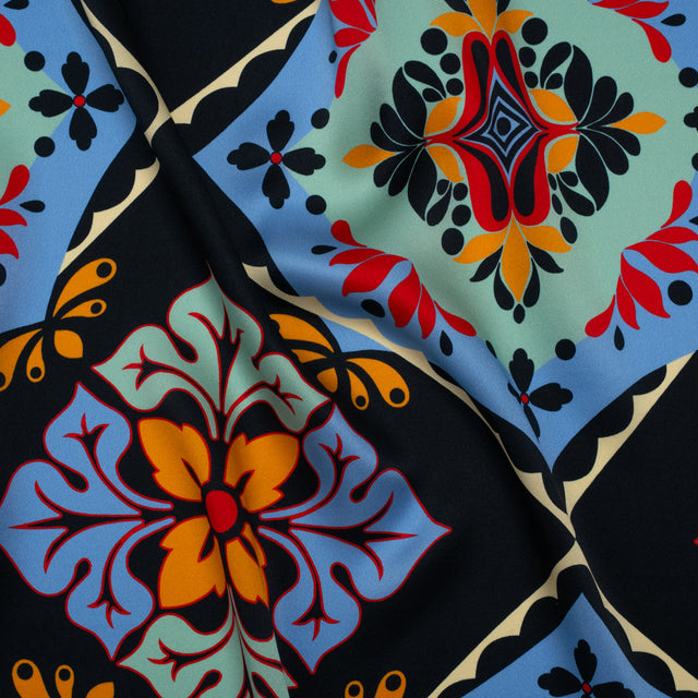 Silk Charmeuse Print 16MM, Made in Italy - Midnight Navy, Mint and Country Blue Fancy Floral Tiles