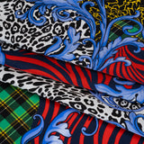 Silk Charmeuse Print 16MM, Made in Italy - Red, Yellow and Blue Floral Scrolls and Patterned Patchwork with Greek Key Border
