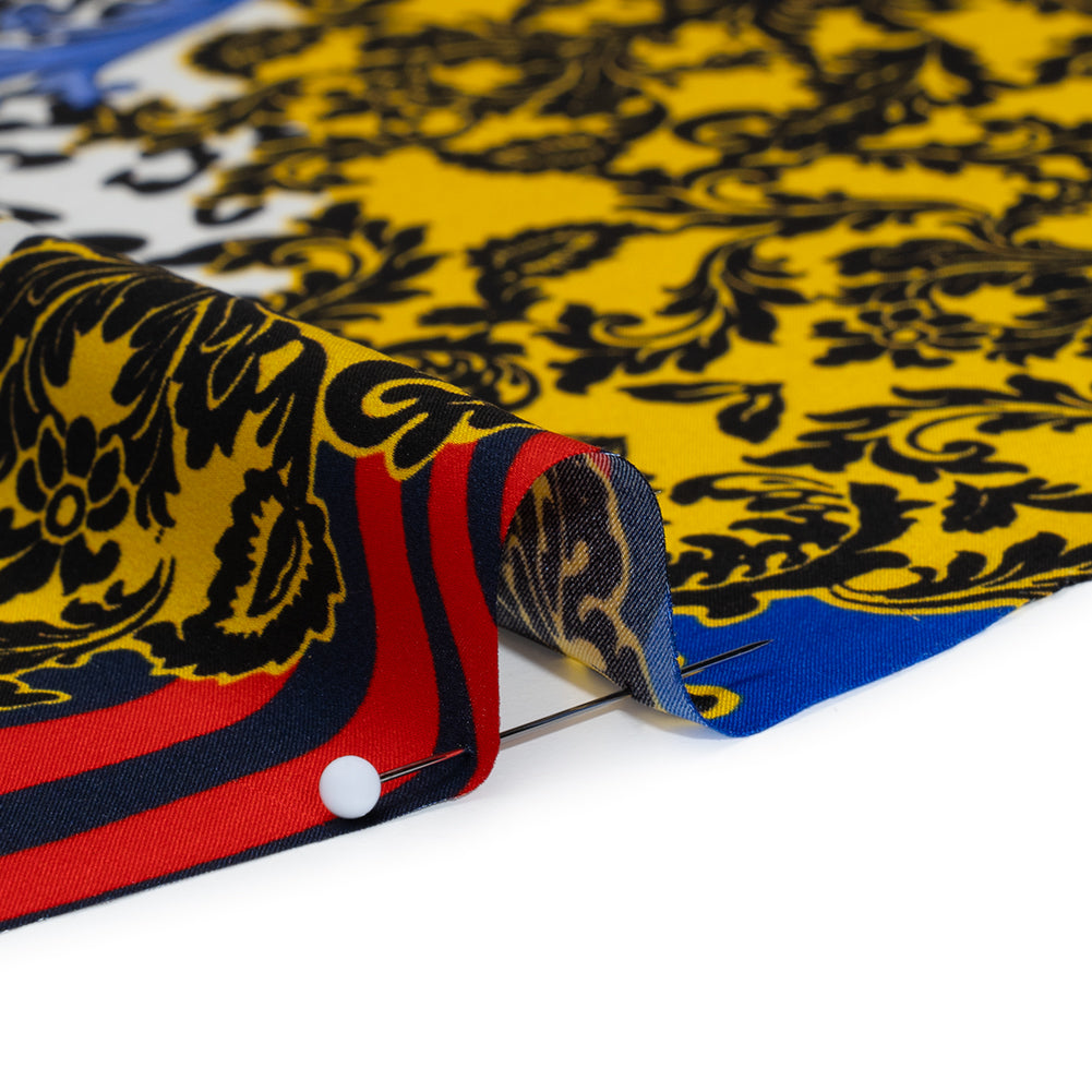 Silk Charmeuse Print 16MM, Made in Italy - Red, Yellow and Blue Floral Scrolls and Patterned Patchwork with Greek Key Border