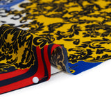 Silk Charmeuse Print 16MM, Made in Italy - Red, Yellow and Blue Floral Scrolls and Patterned Patchwork with Greek Key Border