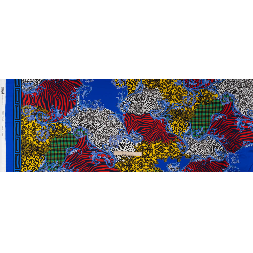Silk Charmeuse Print 16MM, Made in Italy - Red, Yellow and Blue Floral Scrolls and Patterned Patchwork with Greek Key Border
