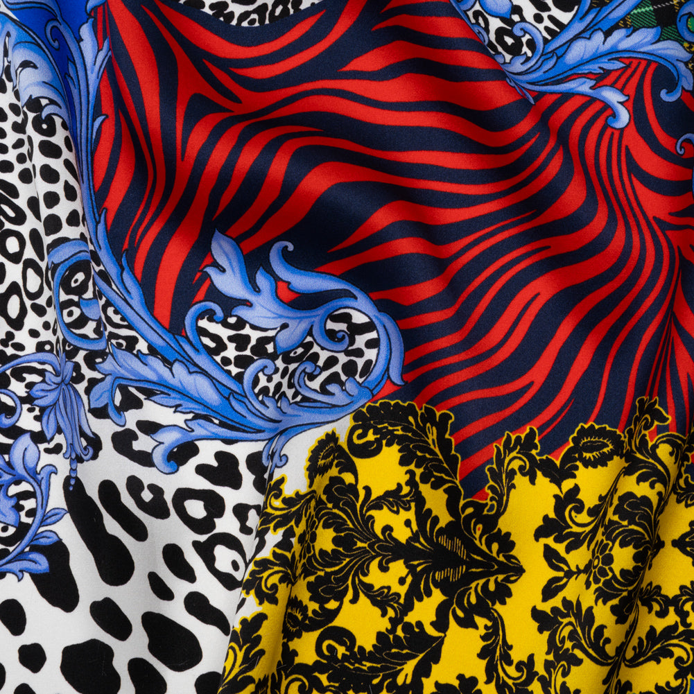Silk Charmeuse Print 16MM, Made in Italy - Red, Yellow and Blue Floral Scrolls and Patterned Patchwork with Greek Key Border