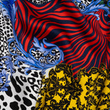 Silk Charmeuse Print 16MM, Made in Italy - Red, Yellow and Blue Floral Scrolls and Patterned Patchwork with Greek Key Border