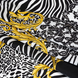 Silk Charmeuse Print 16MM, Made in Italy - Black, White and Yellow Gold Floral Scrolls and Patterned Patchwork with Greek Key Border