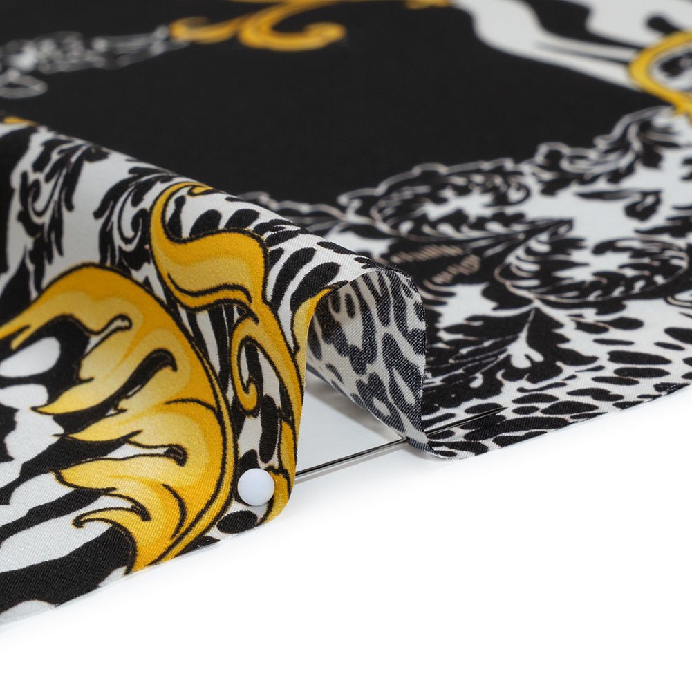 Silk Charmeuse Print 16MM, Made in Italy - Black, White and Yellow Gold Floral Scrolls and Patterned Patchwork with Greek Key Border