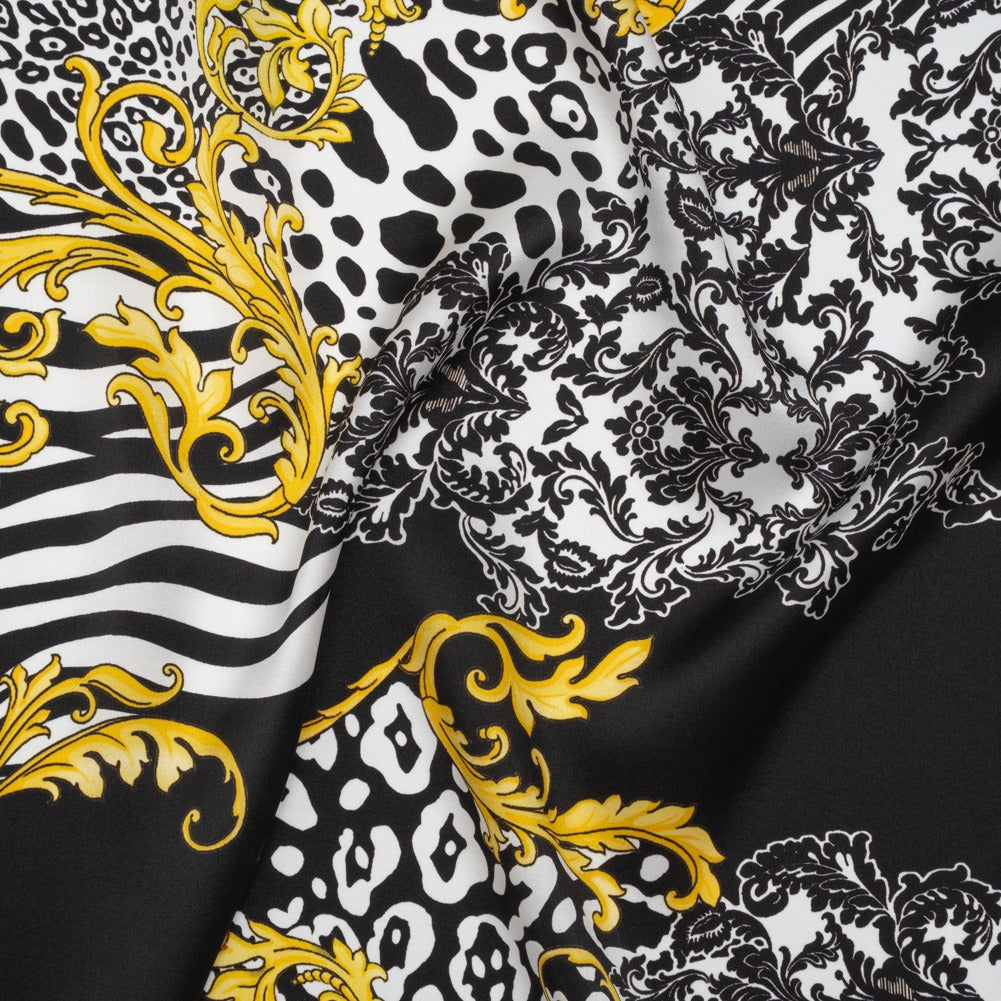 Silk Charmeuse Print 16MM, Made in Italy - Black, White and Yellow Gold Floral Scrolls and Patterned Patchwork with Greek Key Border