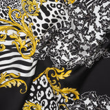 Silk Charmeuse Print 16MM, Made in Italy - Black, White and Yellow Gold Floral Scrolls and Patterned Patchwork with Greek Key Border