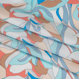 Silk Charmeuse Print 16MM, Made in Italy - Aqua Blue, Tan and Coral Pink Retro Lily Florals