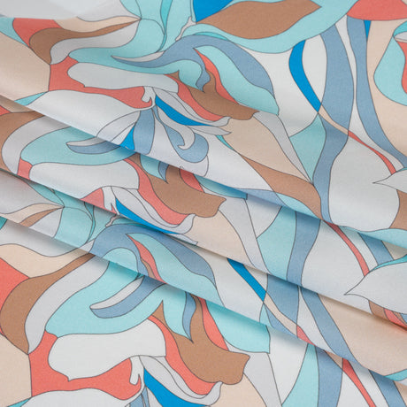 Silk Charmeuse Print 16MM, Made in Italy - Aqua Blue, Tan and Coral Pink Retro Lily Florals
