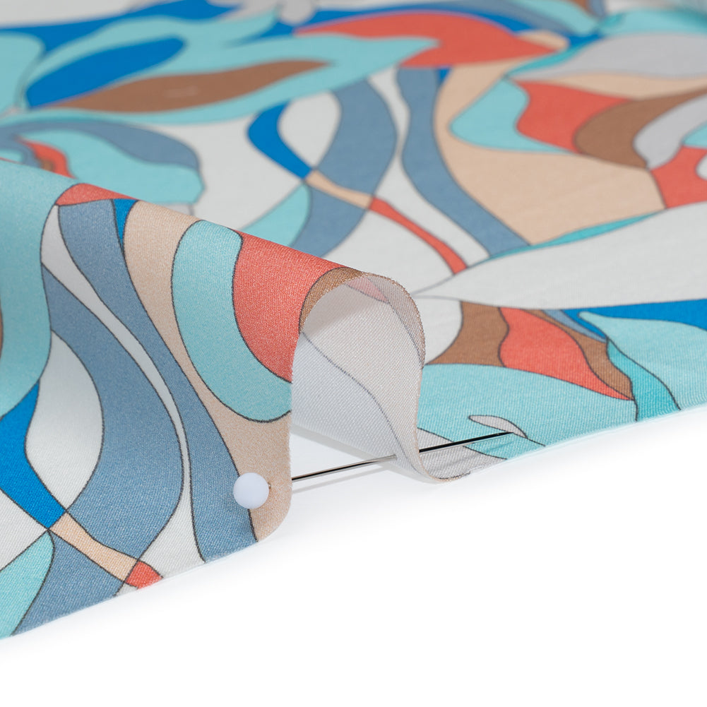 Silk Charmeuse Print 16MM, Made in Italy - Aqua Blue, Tan and Coral Pink Retro Lily Florals