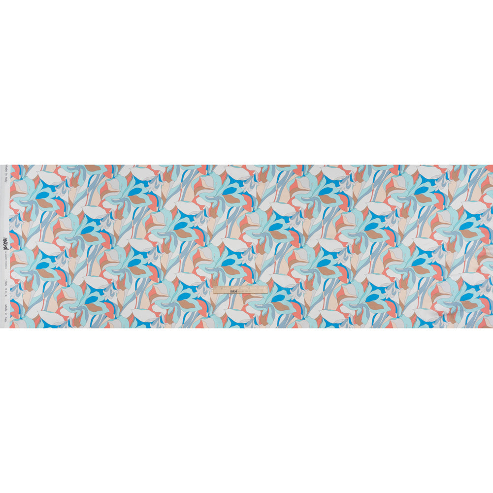 Silk Charmeuse Print 16MM, Made in Italy - Aqua Blue, Tan and Coral Pink Retro Lily Florals