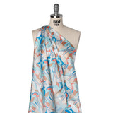 Silk Charmeuse Print 16MM, Made in Italy - Aqua Blue, Tan and Coral Pink Retro Lily Florals