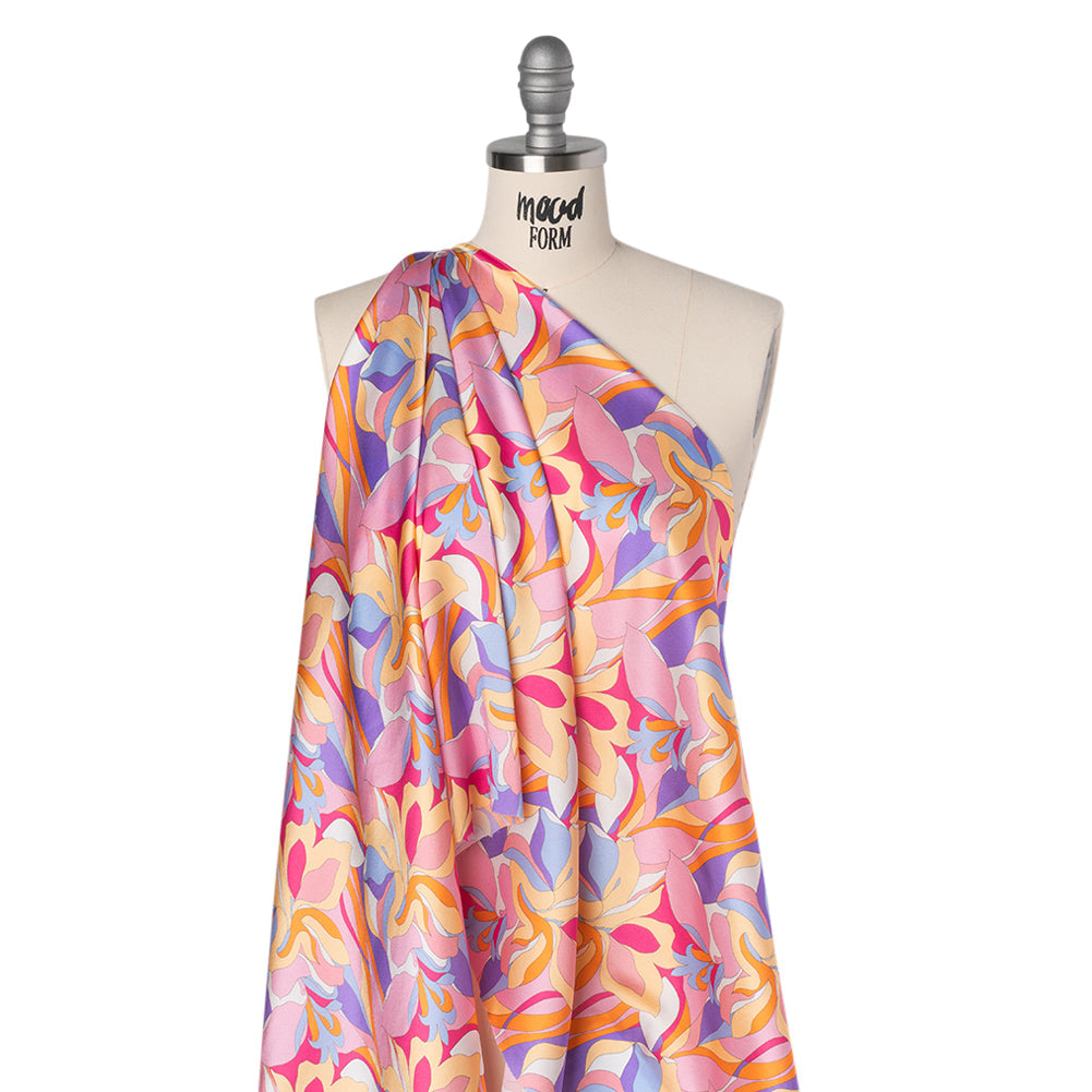 Silk Charmeuse Print 16MM, Made in Italy - Pink, Purple and Pastel Yellow Retro Lily Florals