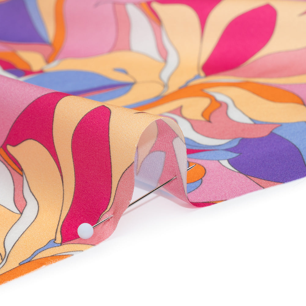 Silk Charmeuse Print 16MM, Made in Italy - Pink, Purple and Pastel Yellow Retro Lily Florals