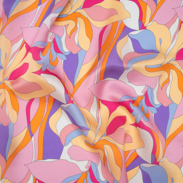 Silk Charmeuse Print 16MM, Made in Italy - Pink, Purple and Pastel Yellow Retro Lily Florals