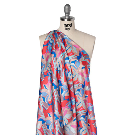 Silk Charmeuse Print 16MM, Made in Italy - Peach, Cobalt Blue and Red Retro Lily Florals