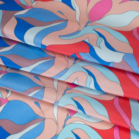 Silk Charmeuse Print 16MM, Made in Italy - Peach, Cobalt Blue and Red Retro Lily Florals