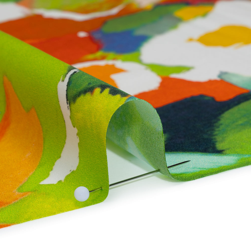 Silk Charmeuse Print 16MM, Made in Italy - Orange, Lime Green and Blue Painterly Abstract