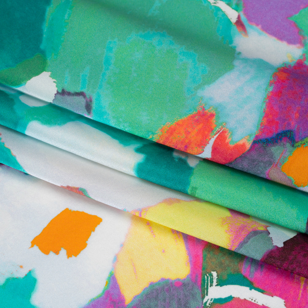Silk Charmeuse Print 16MM, Made in Italy - Sea Green, Fuchsia and Yellow Painterly Abstract