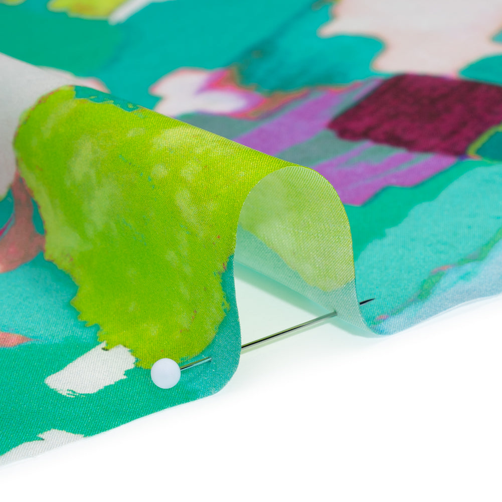 Silk Charmeuse Print 16MM, Made in Italy - Sea Green, Fuchsia and Yellow Painterly Abstract