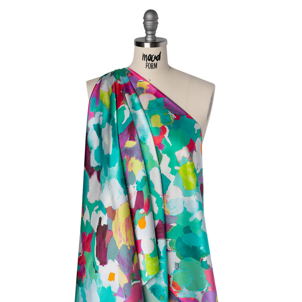 Silk Charmeuse Print 16MM, Made in Italy - Sea Green, Fuchsia and Yellow Painterly Abstract