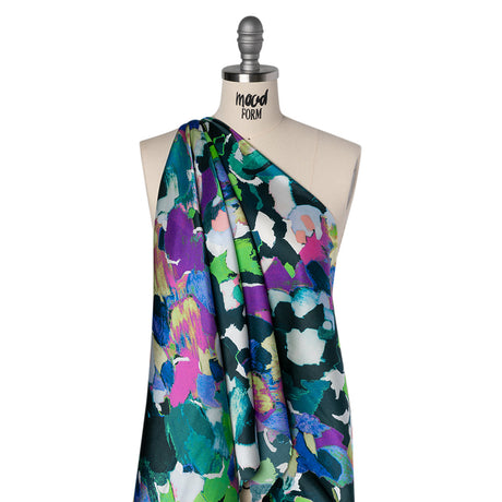 Silk Charmeuse Print 16MM, Made in Italy - Dark Teal, Lime Green and Purple Painterly Abstract
