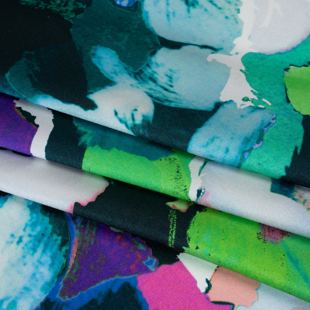 Silk Charmeuse Print 16MM, Made in Italy - Dark Teal, Lime Green and Purple Painterly Abstract
