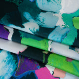 Silk Charmeuse Print 16MM, Made in Italy - Dark Teal, Lime Green and Purple Painterly Abstract