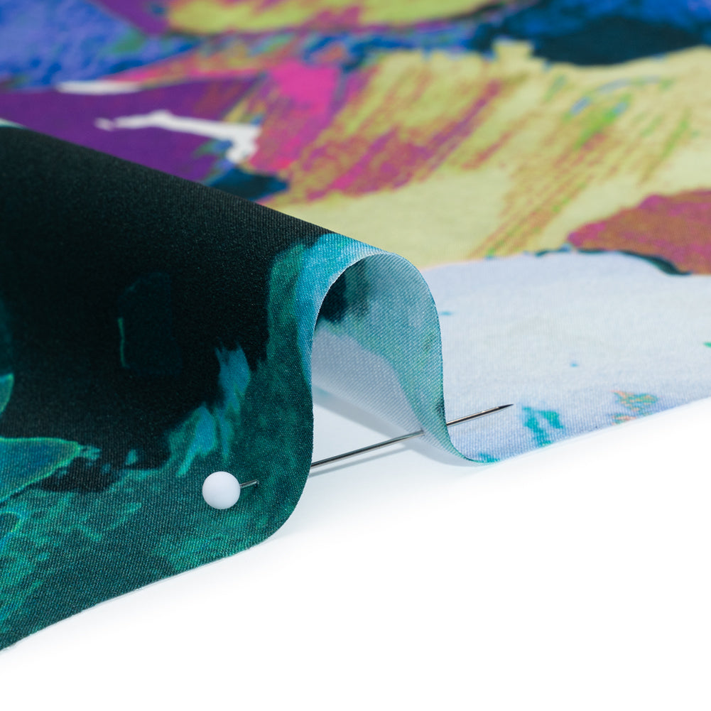 Silk Charmeuse Print 16MM, Made in Italy - Dark Teal, Lime Green and Purple Painterly Abstract