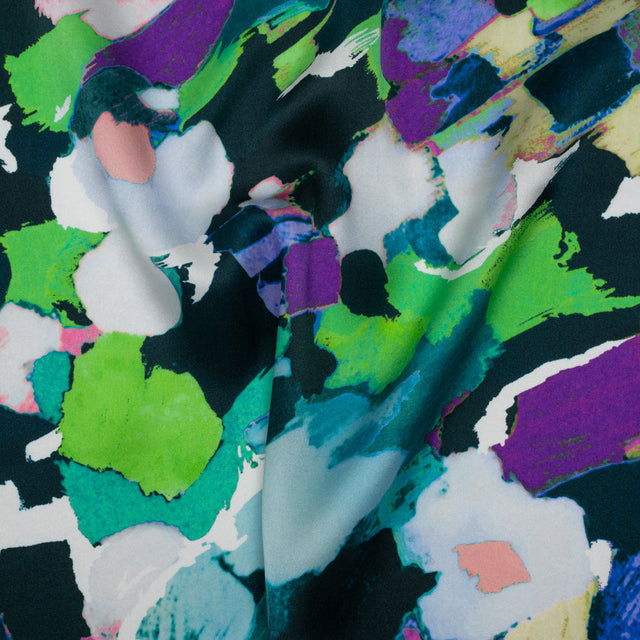Silk Charmeuse Print 16MM, Made in Italy - Dark Teal, Lime Green and Purple Painterly Abstract