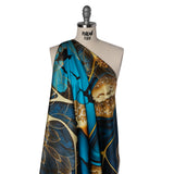 Silk Charmeuse Panel 16MM, Made in Italy - Turquoise, Teal and Gold Linework Flowers and Gemstones