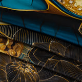 Silk Charmeuse Panel 16MM, Made in Italy - Turquoise, Teal and Gold Linework Flowers and Gemstones