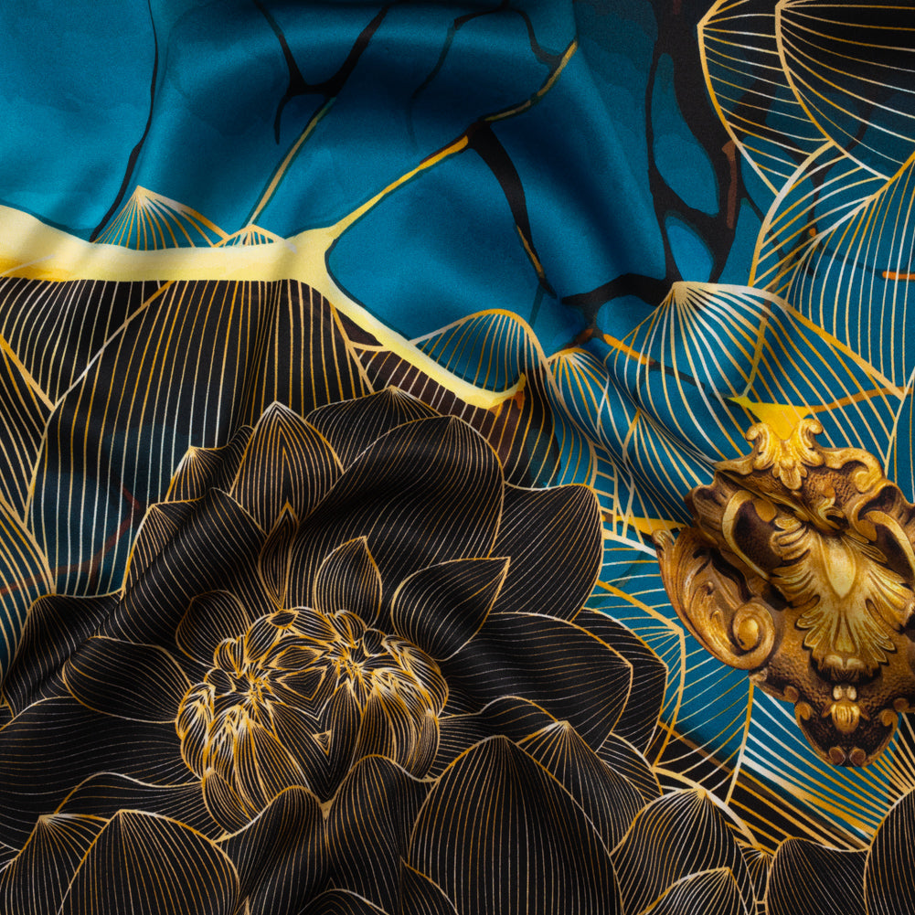 Silk Charmeuse Panel 16MM, Made in Italy - Turquoise, Teal and Gold Linework Flowers and Gemstones