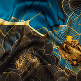 Silk Charmeuse Panel 16MM, Made in Italy - Turquoise, Teal and Gold Linework Flowers and Gemstones