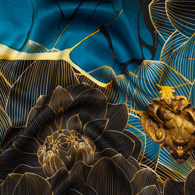 Silk Charmeuse Panel 16MM, Made in Italy - Turquoise, Teal and Gold Linework Flowers and Gemstones
