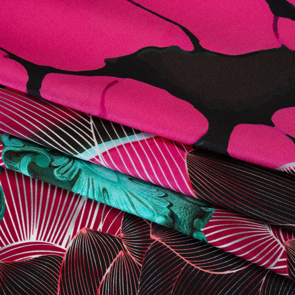 Silk Charmeuse Panel 16MM, Made in Italy - Dark Berry Pink, Coppy Oxide Green and Black Linework Flowers and Gemstones
