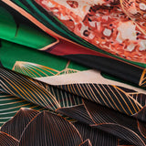 Silk Charmeuse Panel 16MM, Made in Italy - Orange, Dark Green and Black Linework Flowers and Gemstones