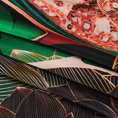 Silk Charmeuse Panel 16MM, Made in Italy - Orange, Dark Green and Black Linework Flowers and Gemstones