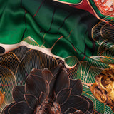 Silk Charmeuse Panel 16MM, Made in Italy - Orange, Dark Green and Black Linework Flowers and Gemstones