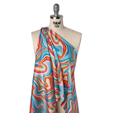 Silk Charmeuse Print 16MM, Made in Italy - Blue, Orange and Pink Retro Swirls