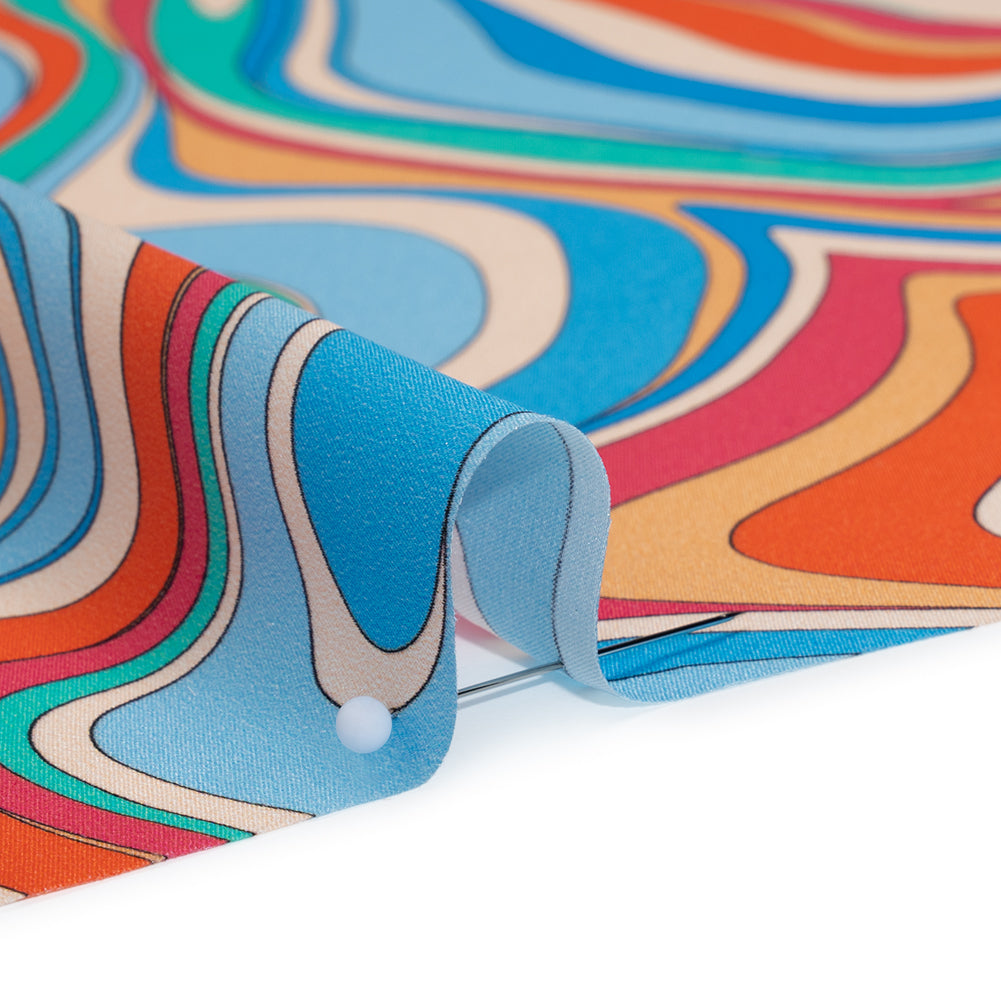 Silk Charmeuse Print 16MM, Made in Italy - Blue, Orange and Pink Retro Swirls
