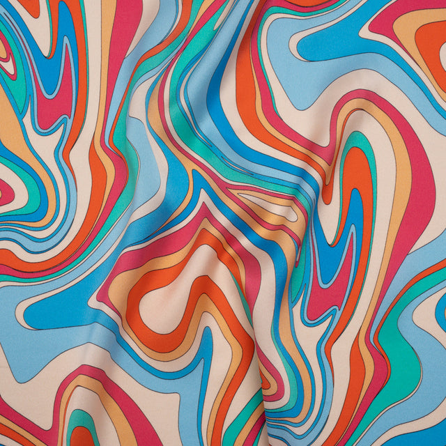 Silk Charmeuse Print 16MM, Made in Italy - Blue, Orange and Pink Retro Swirls