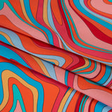 Silk Charmeuse Print 16MM, Made in Italy - Orange, Red and Blue Retro Swirls