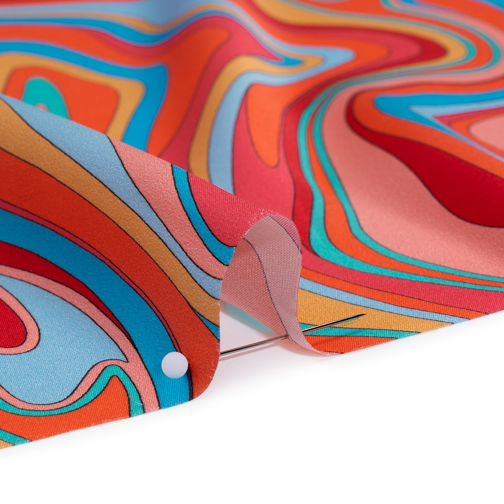 Silk Charmeuse Print 16MM, Made in Italy - Orange, Red and Blue Retro Swirls