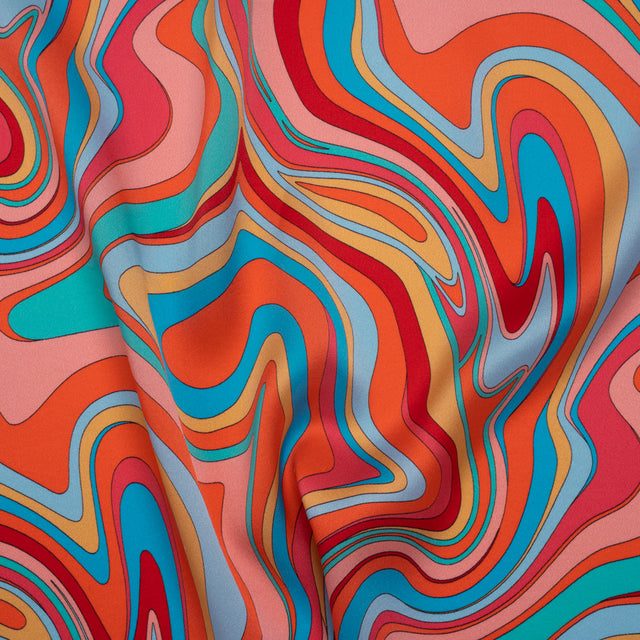 Silk Charmeuse Print 16MM, Made in Italy - Orange, Red and Blue Retro Swirls