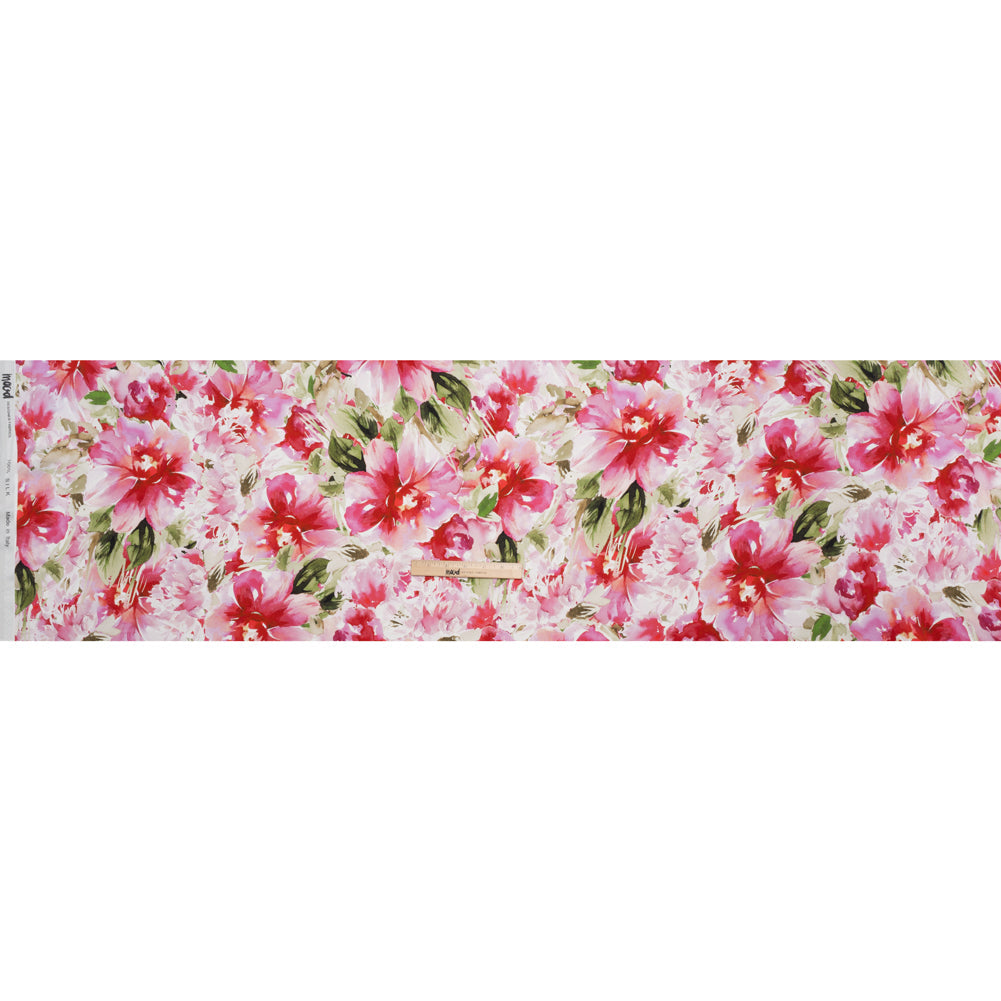 Silk Charmeuse Print 16MM, Made in Italy - Red, Pink and Green Watercolor Flower Garden