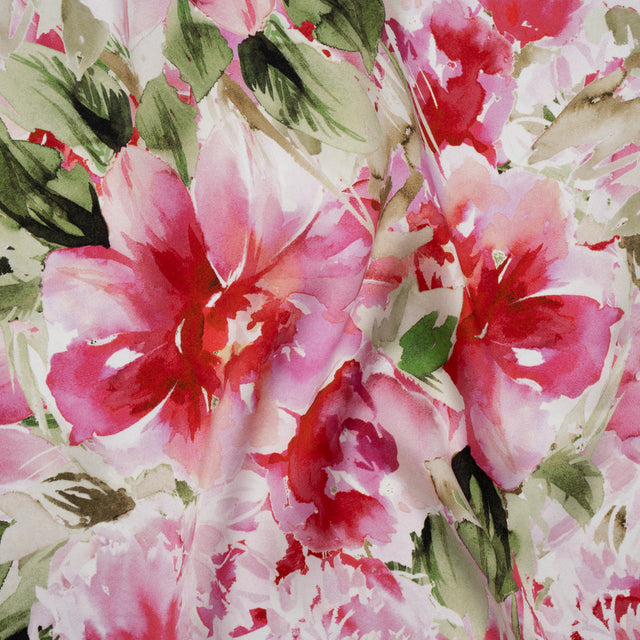 Silk Charmeuse Print 16MM, Made in Italy - Red, Pink and Green Watercolor Flower Garden