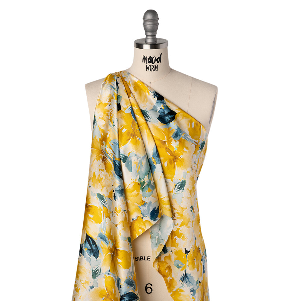 Silk Charmeuse Print 16MM, Made in Italy - Yellow and Dark Teal Watercolor Flower Garden
