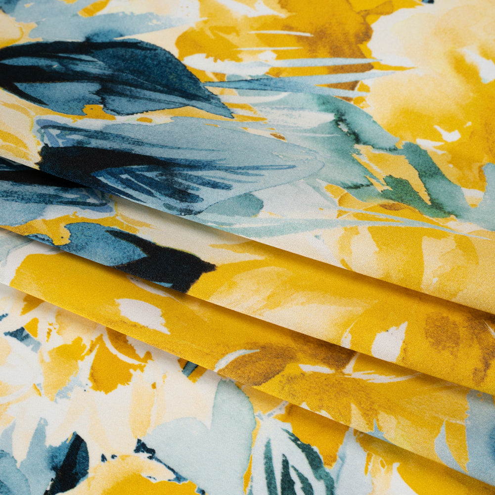 Silk Charmeuse Print 16MM, Made in Italy - Yellow and Dark Teal Watercolor Flower Garden