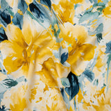 Silk Charmeuse Print 16MM, Made in Italy - Yellow and Dark Teal Watercolor Flower Garden
